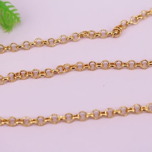 Op de afbeelding: Een goudkleurige ketting met een reeks kleine, cirkelvormige schakels. De ketting wordt gepresenteerd tegen een lichtroze achtergrond, met een takje groene bladeren in de linkerbovenhoek. De ketting is waarschijnlijk voor het maken van sieraden.