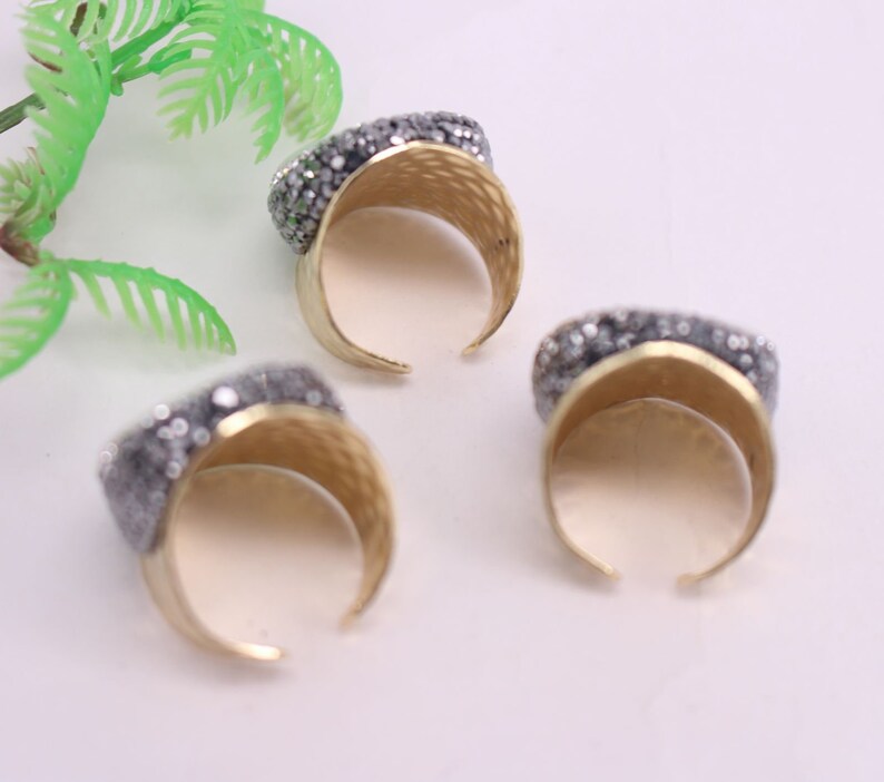 HOT 5pcs Gold plated Oblate shape Natural Titanium 20mm Pearl Druzy Ring,Crystal Cuff Ring Charm Gemstone Ring Jewelry findings