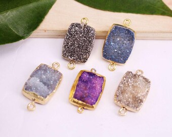 HOT 5pcs 15x28mm Gold plated Mixed color Rectangle Shape Natural Druzy Agate crystal Connector, Gem stone Pendant Beads,Jewelry findings