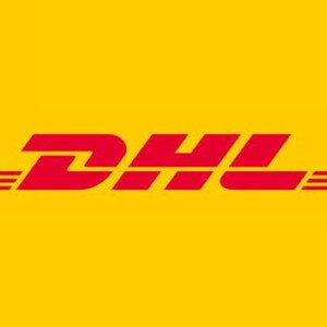 May include: The DHL logo is red and white on a yellow background. The logo is a stylized wordmark with a diagonal line through the letters.