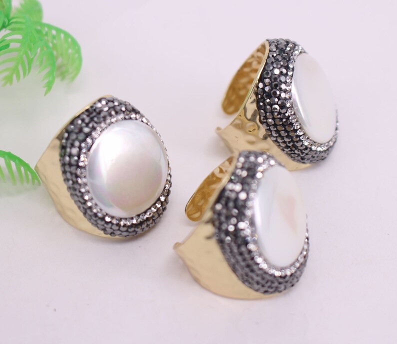 HOT 5pcs Gold plated Oblate shape Natural Titanium 20mm Pearl Druzy Ring,Crystal Cuff Ring Charm Gemstone Ring Jewelry findings