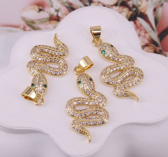 HOT 10Pcs 13x26mm Gold plated snake shape Copper Metal White CZ /Zircon  beads connector pendant/Charm/necklace/Earrings ,Jewelry Findings