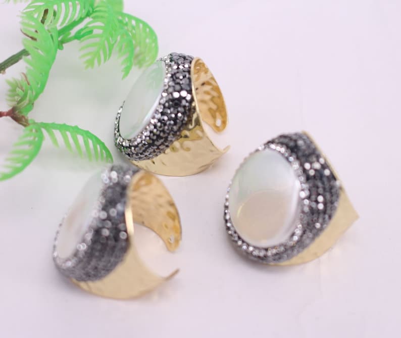 HOT 5pcs Gold plated Oblate shape Natural Titanium 20mm Pearl Druzy Ring,Crystal Cuff Ring Charm Gemstone Ring Jewelry findings
