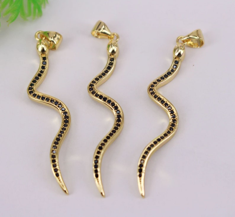 HOT 10Pcs 2x44mm Gold plated snake shape Copper Metal Black CZ Zircon beads connector pendant Earring necklace Jewelry Findings