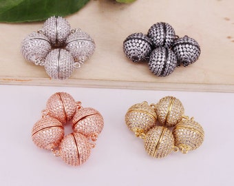 8Pcs 8/10/12/14mm Mix plated Round Magnetic clasp Copper Metal White CZ/Zircon beads connector pendant/bracelet/necklace , Jewelry Findings