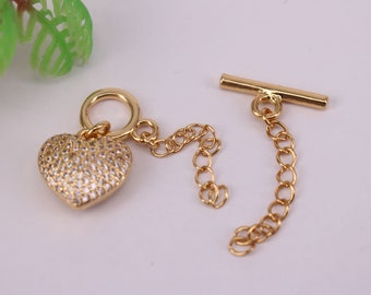 HOT 10set/lot 15mm Gold plated Heart Copper Metal White CZ/Zircon OT Buckle beads connector pendant/ bracelet/ necklace,Jewelry Findings
