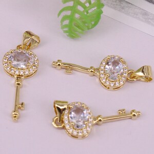 HOT 10Pcs 9x23mm Gold plated Key shape Copper Metal White CZ /Zircon beads connector pendant /Earring/necklace/Charm ,Jewelry Findings