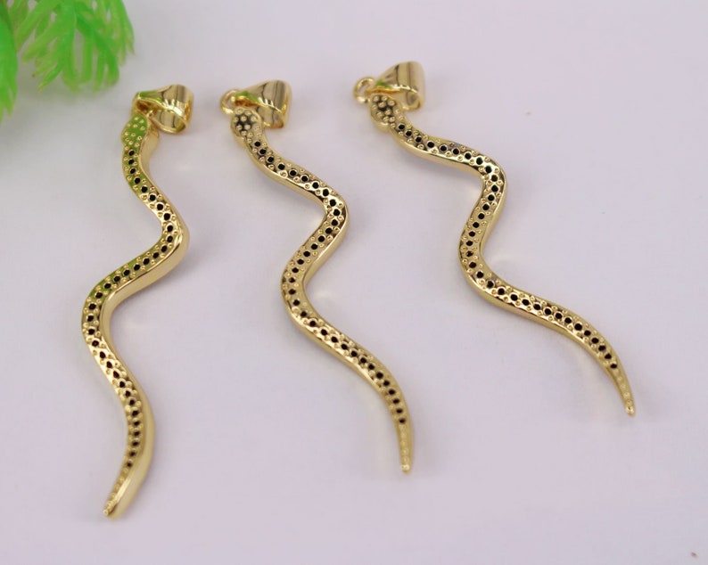 HOT 10Pcs 2x44mm Gold plated snake shape Copper Metal Black CZ Zircon beads connector pendant Earring necklace Jewelry Findings