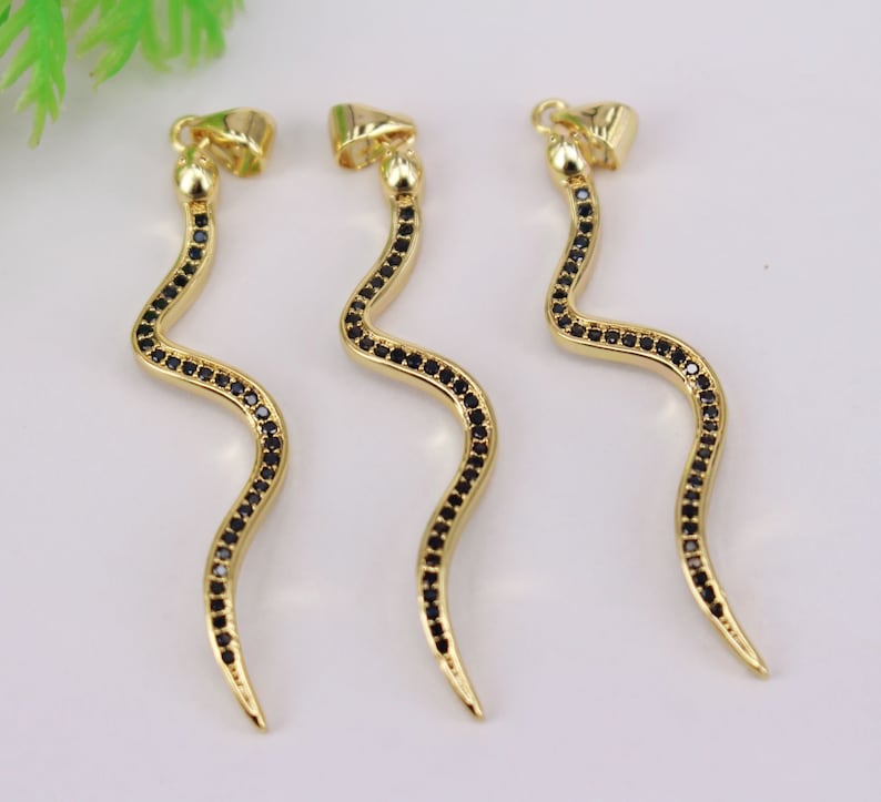 HOT 10Pcs 2x44mm Gold plated snake shape Copper Metal Black CZ Zircon beads connector pendant Earring necklace Jewelry Findings