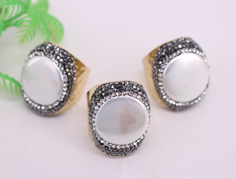 HOT 5pcs Gold plated Oblate shape Natural Titanium 20mm Pearl Druzy Ring,Crystal Cuff Ring Charm Gemstone Ring Jewelry findings