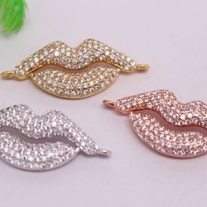 HOT 9Pcs 13x31mm Mix plated Lips shape Copper Metal White CZ /Zircon beads connector pendant / bracelet / necklace , Jewelry Findings