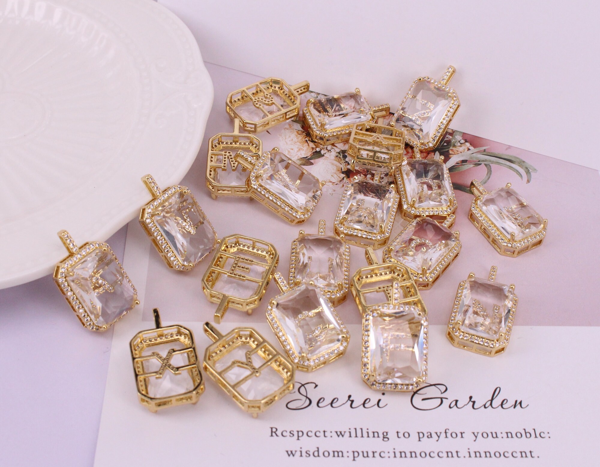 名台詞チャーム 全種 10-26PCS, Luxury Gold Color A-Z 26 Letters Charms, Color CZ