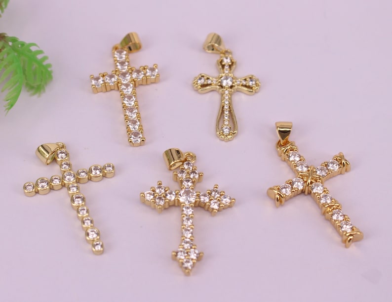 HOT 10Pcs Gold plated Mixed 5 Cross shape Copper Metal White CZ Zircon beads connector pendantEarringsnecklace Jewelry findings