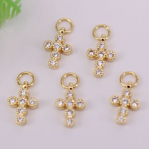 HOT 10Pcs Gold plated Mixed 5 Cross shape Copper Metal White CZ Zircon beads connector pendantEarringsnecklace Jewelry findings