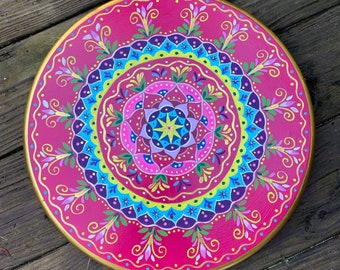 Original hand painted round accent table. Hand painted furniture. Size 24 x 15 x 15 inches, Mandala design.