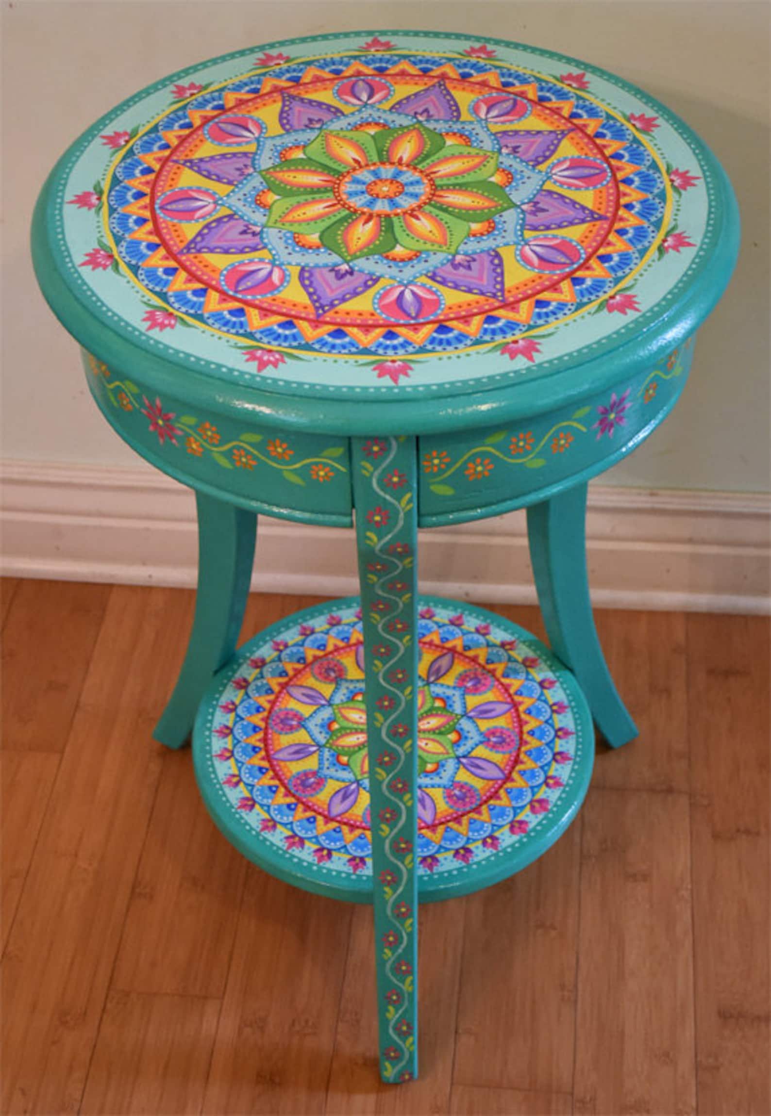 Hand painted round accent table. Painted Furniture Boho Etsy