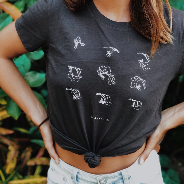 Womens Surf Shirt - Lil Dude Surfs - woman black tee shirt - surf shirt - surfing drawing - wave print shirt - womens minimalist shirt