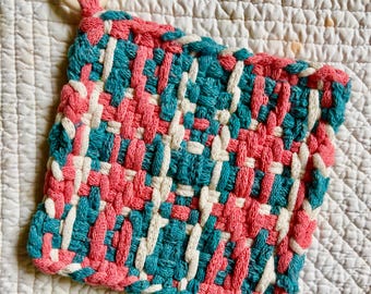 Handwoven small potholder in blue/salmon and winter white