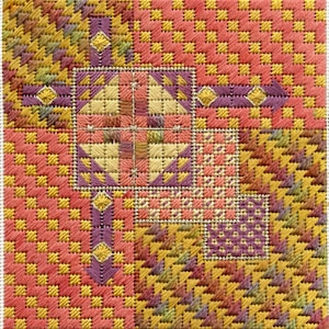 May include: A detailed needlepoint design featuring a central square with a cross-like extension. The design incorporates a variety of colors, including pink, yellow, purple, and green, with geometric patterns and diamond accents. The background is a repeating pattern of pink and yellow.