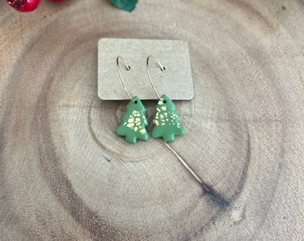 Gold Leaf Christmas Tree Hoops or Dangle Clay Earrings