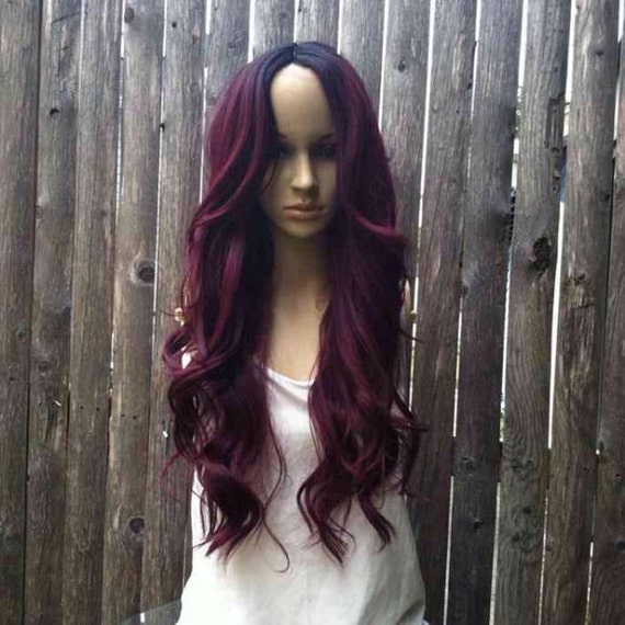 Ombre Dark Roots To Maroon Red Wine Red Lace Part Wig Etsy