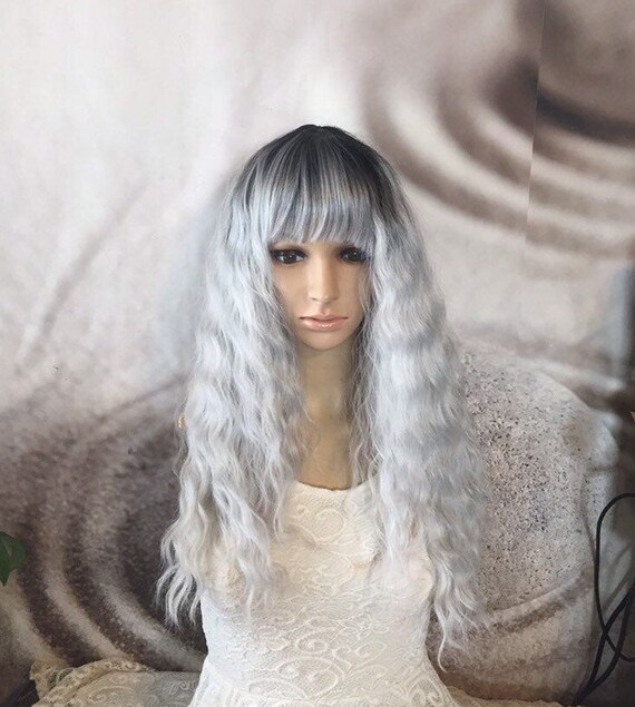 Silver Platinum Blonde Wig With Black Roots Etsy