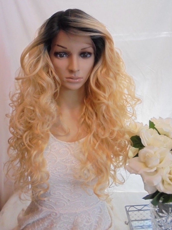 Human Hair Blend Ombre Dark Roots To Blonde Golden Blonde Lace Front Wig