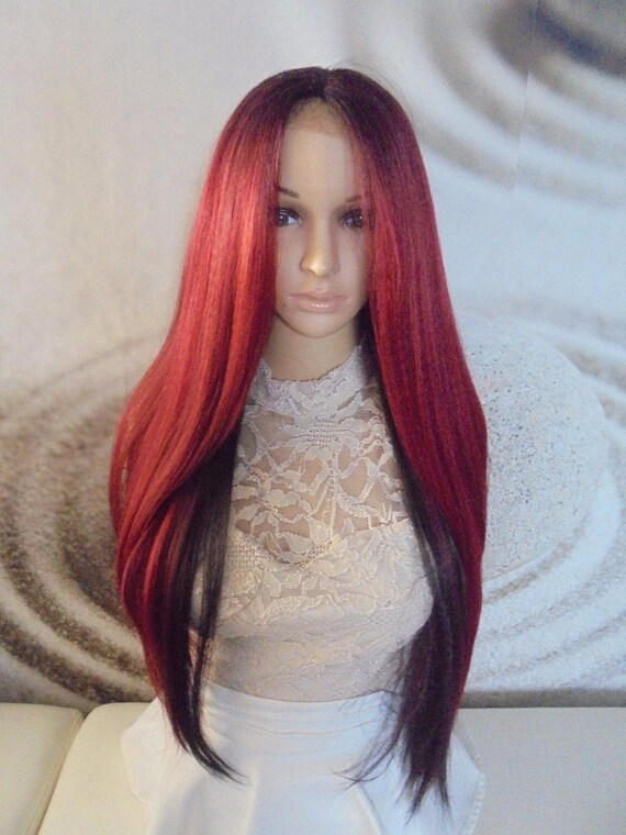 Ombre Dark Roots To Red Brown And Black Human Hair Blend Lace Etsy