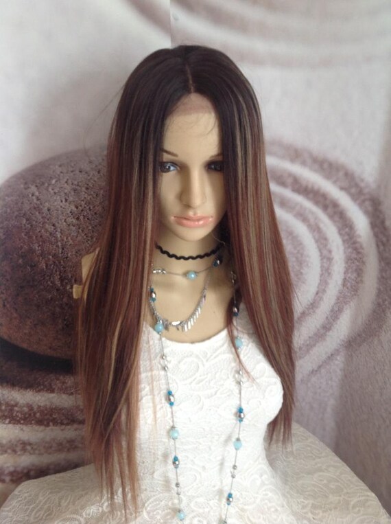 Human Hair Blend Mixed Brown With Blonde Auburn Black Highlights Lace Front Wig