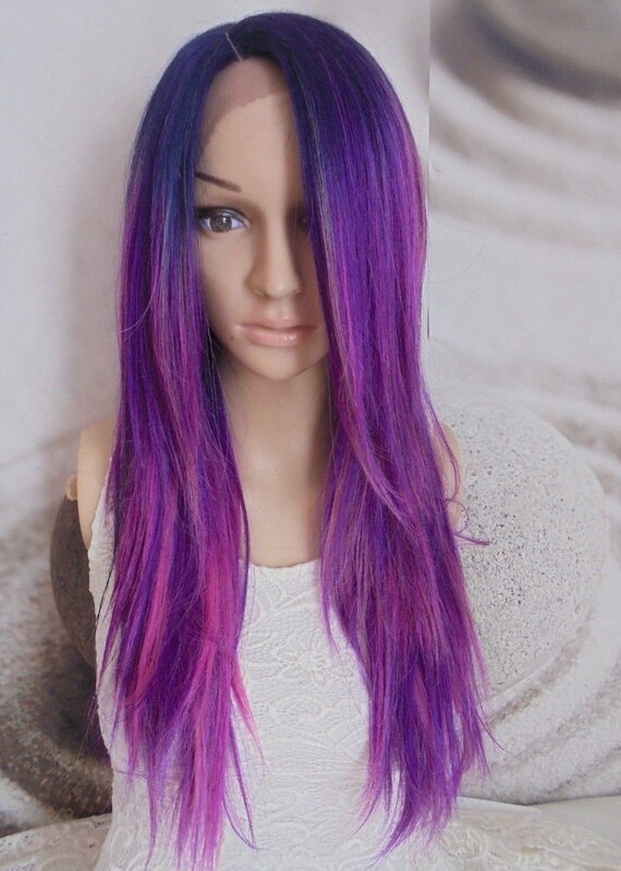Purple Pink And Black Human Hair Blend Lace Front Wig Etsy