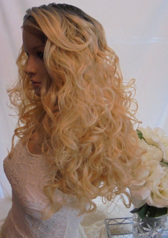 Human Hair Blend Ombre Dark Roots To Blonde Golden Blonde Lace Etsy