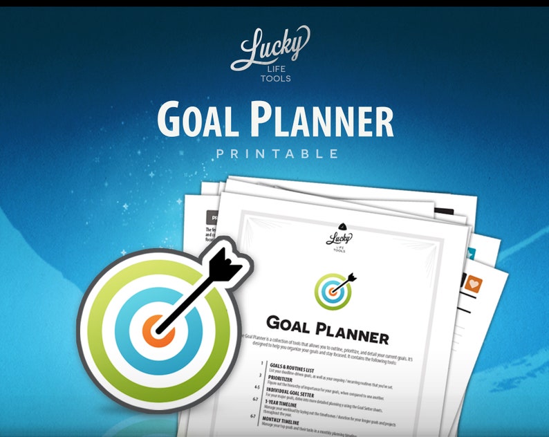 May include: A printable goal planner featuring a target and arrow graphic. The planner includes sections for goals and routines, prioritisation, individual goal setting, a 1-year timeline, a 3-month timeline, and monthly goal tracking.