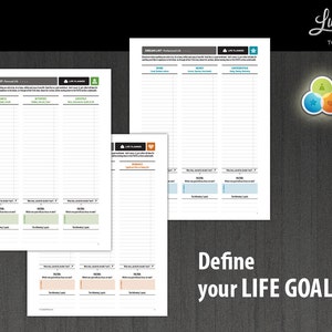 May include: A printable worksheet with the title "Dream List:  Achieving Life..." and "Life Planners" with sections for "Well-being", "Activities", and "Lifestyle".  The worksheet is designed to help you define your life goals.