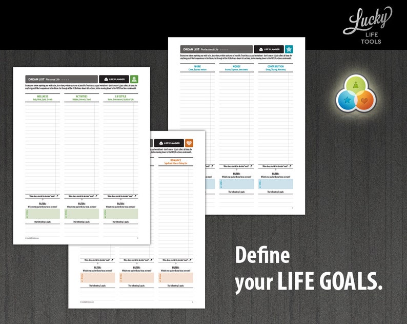 May include: A printable worksheet with the title "Dream List:  Achieving Life..." and "Life Planners" with sections for "Well-being", "Activities", and "Lifestyle".  The worksheet is designed to help you define your life goals.