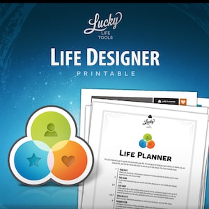 May include: A printable life planner with a green, blue, and orange Venn diagram with a person, star, and heart icon. The text "Life Designer Printable" is at the top of the image. The text "Life Planner" is at the top of the document.