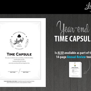 Może przedstawiać: Czarno-biały, drukowalny szablon kapsuły czasu z tekstem "Year-end Time Capsule" i "Lucky Life Tools". Szablon zawiera sekcję dla "Minionego roku" i "Następnego roku" oraz informację, że jest r&oacute;wnież dostępny jako część 14-stronicowego narzędzia do rocznego podsumowania.