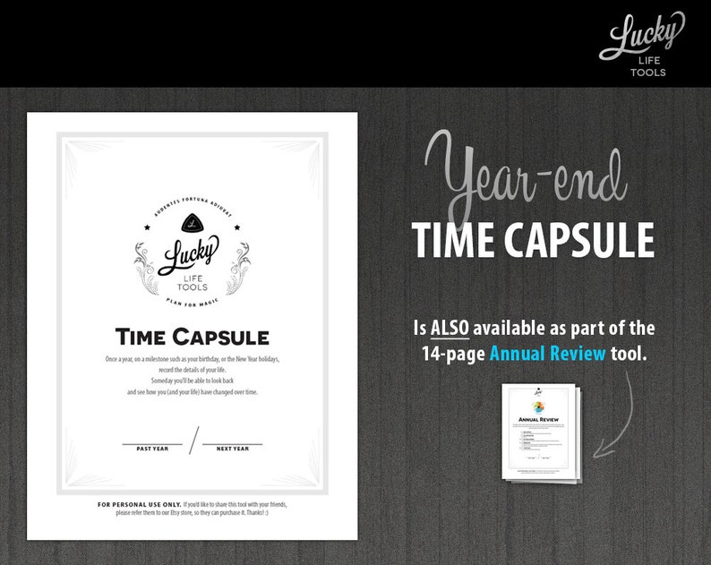 Może przedstawiać: Czarno-biały, drukowalny szablon kapsuły czasu z tekstem "Year-end Time Capsule" i "Lucky Life Tools". Szablon zawiera sekcję dla "Minionego roku" i "Następnego roku" oraz informację, że jest r&oacute;wnież dostępny jako część 14-stronicowego narzędzia do rocznego podsumowania.