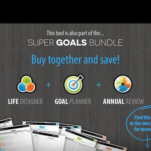 May include: A digital marketing image promoting a bundle of three goal-setting tools: Life Designer, Goal Planner, and Annual Review. The image features a gray background with colorful icons representing each tool and the text "SUPER GOALS BUNDLE" and "Buy together and save!"