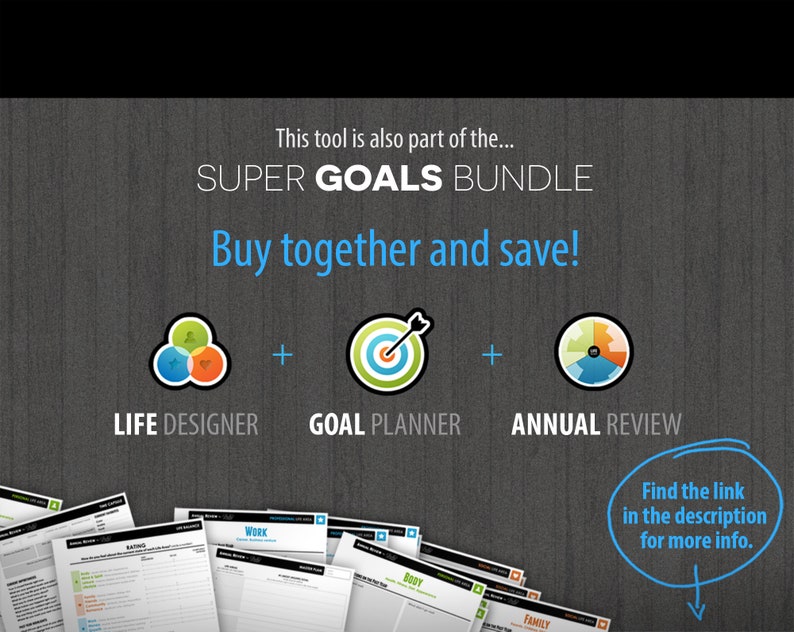 May include: A digital marketing image promoting a bundle of three goal-setting tools: Life Designer, Goal Planner, and Annual Review. The image features a gray background with colorful icons representing each tool and the text "SUPER GOALS BUNDLE" and "Buy together and save!"