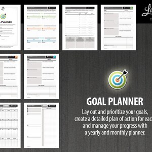 May include: A printable goal planner featuring a target graphic and the text "Lucky Life Tools" in a handwritten font. The planner includes sections for setting goals, creating action plans, and tracking progress with yearly and monthly calendars.