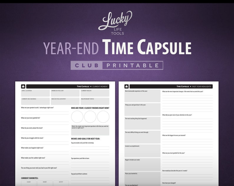 Może przedstawiać: Czarno-biała, drukowalna karta pracy zatytułowana "Year-End Time Capsule Club Printable". Karta pracy jest podzielona na dwie sekcje: "The Capsule - Current Moment" i "The Capsule - Past Year Highlights". Karta pracy zawiera pytania do refleksji i ustalania cel&oacute;w.