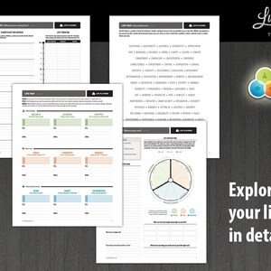 May include: A set of printable worksheets for life planning. The worksheets include sections for life timeline, life map, key influences, and life integration. The worksheets are designed to help you explore your life in detail. The image also includes the Lucky Life Tools logo, which features a star, a heart, and a tree.