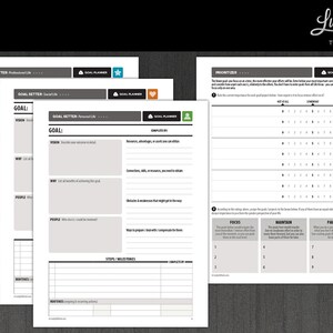 May include: A black and white printable goal setting worksheet with the title "Lucky Life Tools". The worksheet includes sections for goal setting, vision, why, people, routines, steps, milestones, complete by, priorities, focus, maintain, and pause.