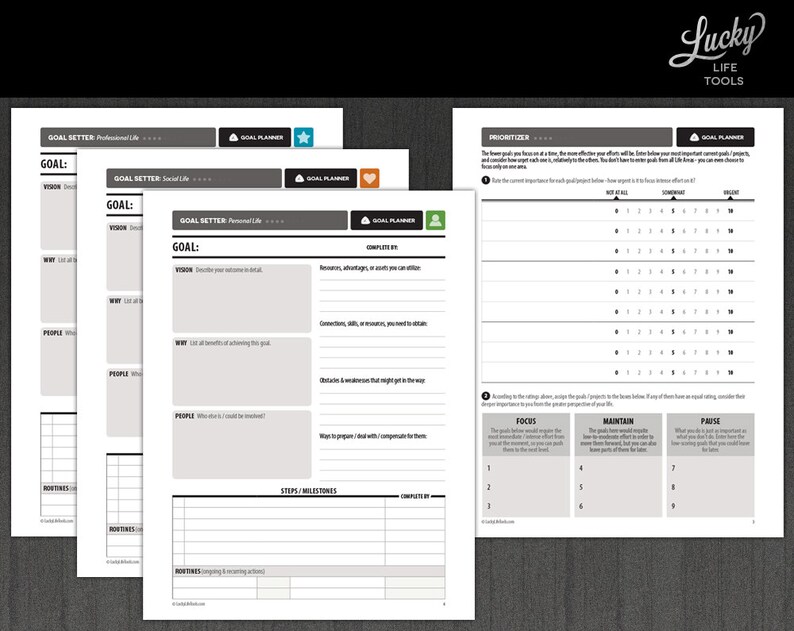 May include: A black and white printable goal setting worksheet with the title "Lucky Life Tools". The worksheet includes sections for goal setting, vision, why, people, routines, steps, milestones, complete by, priorities, focus, maintain, and pause.