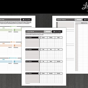 May include: A black and white printable planner with a year-long timeline and monthly timeline. The planner includes sections for goals, projects, and routines. The planner is titled "Lucky Life Tools".