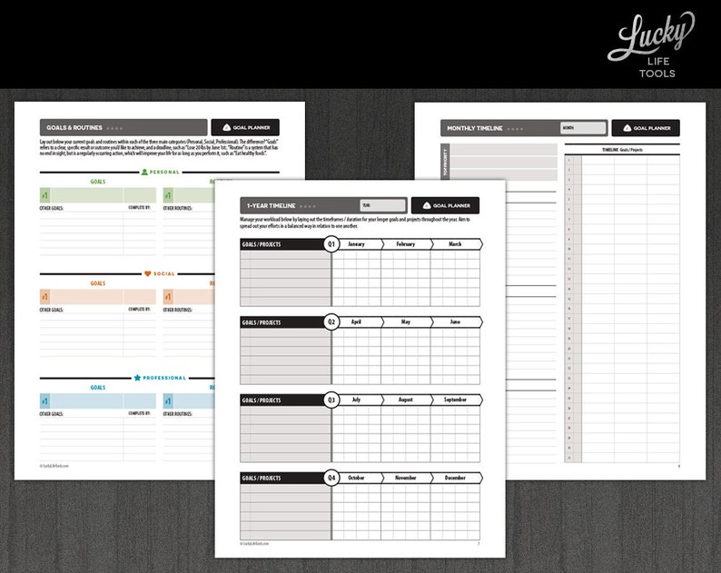 May include: A black and white printable planner with a year-long timeline and monthly timeline. The planner includes sections for goals, projects, and routines. The planner is titled "Lucky Life Tools".