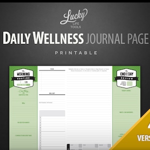 Diario de bienestar diario - Rutina matutina y revisión al final del día - Seguimiento, de LUCKY Life Tools, PDF imprimible; Tamaño carta horizontal 11"x8.5"