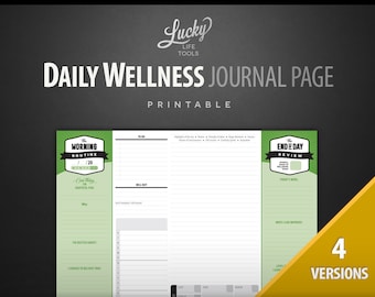 Daily Wellness Journal - Morning Routine and End-of-day Review - Tracker, by LUCKY Life Tools, Printable PDF; Landscape Letter size 11"x8.5"