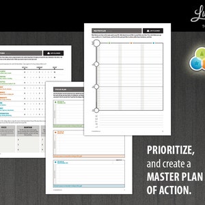 May include: A printable worksheet with the title "Master Plan" and instructions to prioritize and create a master plan of action. The worksheet includes a grid with columns labeled "Now", "Soon", "Later" and rows for different life areas. The worksheet also includes a section for a focus plan.