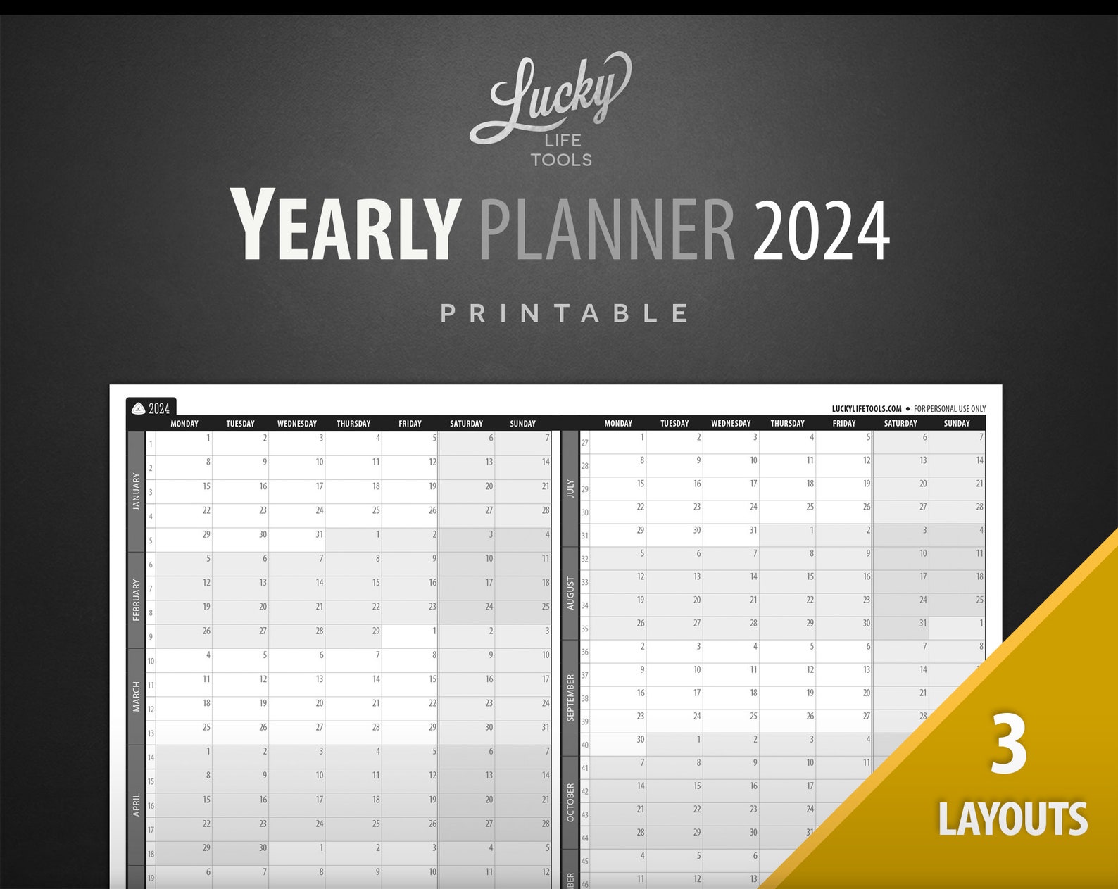 Yearly Planner / Calendar 2024, by LUCKY Life Tools - Year at a Glance ...